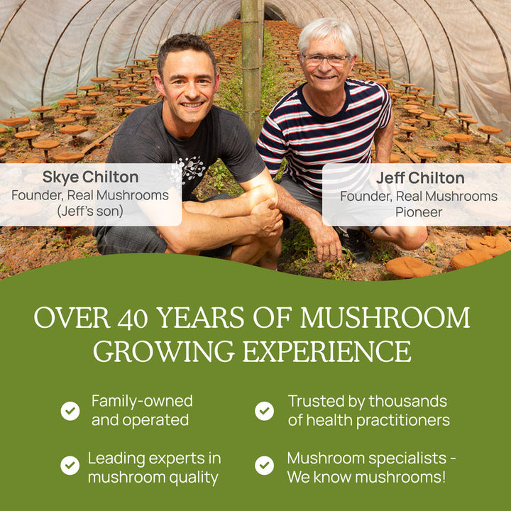 Skye Chilton and Jeff Chilton, founders of Real Mushrooms, showcasing their 40 years of mushroom growing experience.