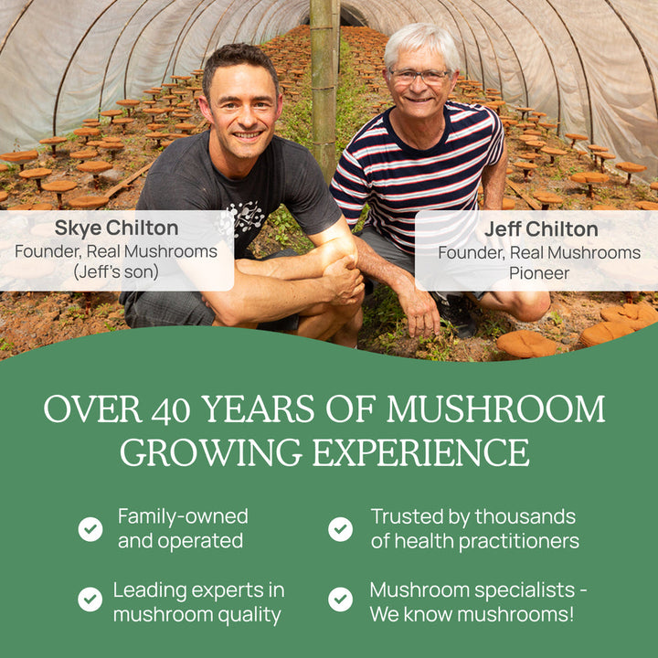 Skye Chilton and Jeff Chilton, founders of Real Mushrooms, showcasing over 40 years of mushroom growing experience.