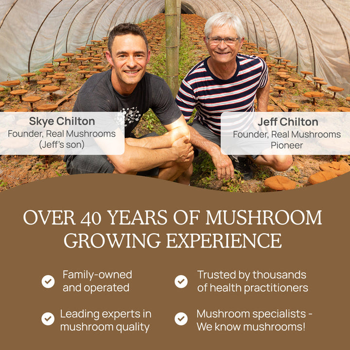 Skye Chilton and Jeff Chilton, founders of Real Mushrooms, showcasing their mushroom growing expertise.