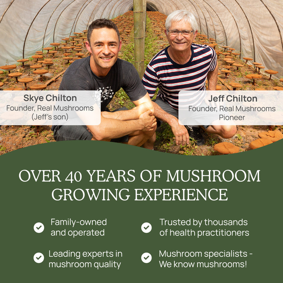 Skye and Jeff Chilton, founders of Real Mushrooms, showcasing their expertise in mushroom cultivation and quality.