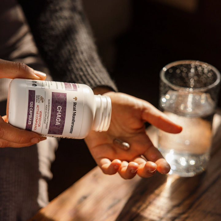 Person pouring Real Mushrooms Organic Chaga capsules into hand next to a glass of water on a wooden table.