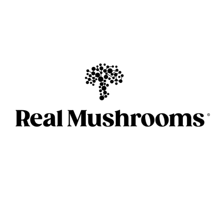 Logo of Real Mushrooms brand showcasing mushroom icon and name, representing quality mushroom products.