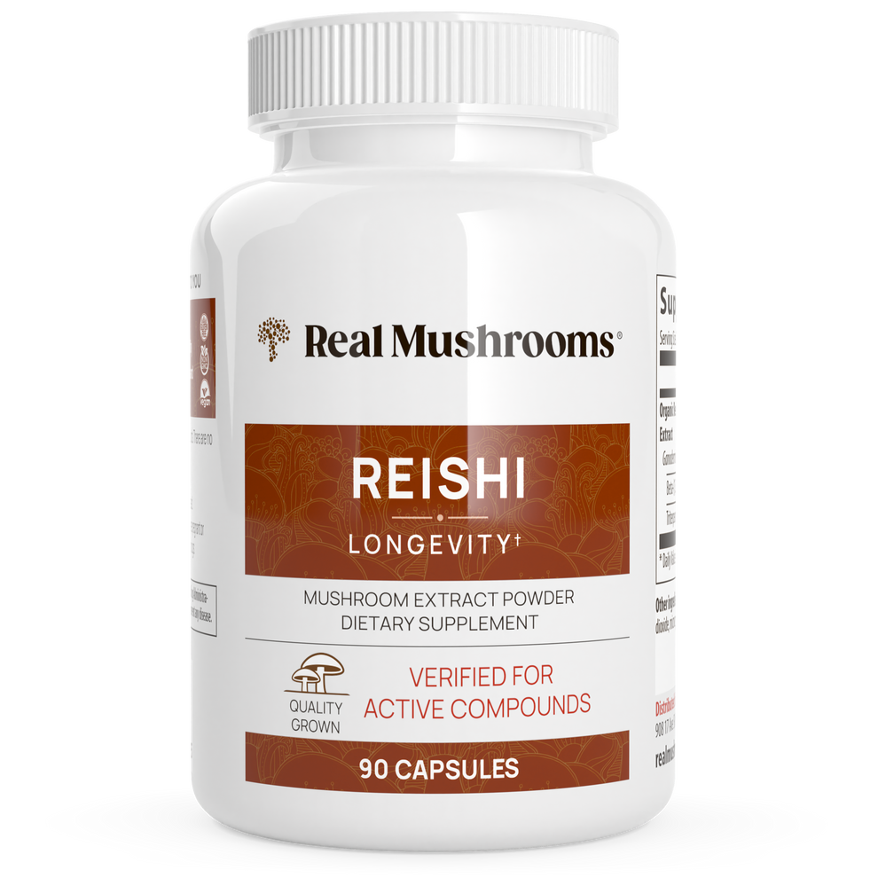 Real Mushrooms Reishi Mushroom Immune Support and Wellness 90 Capsules bottle with label showing ingredients.
