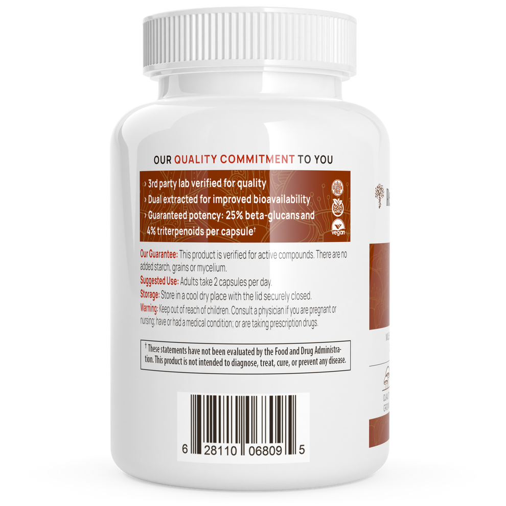 Back label of Real Mushrooms Reishi Mushroom Immune Support and Wellness capsules showing product details and quality commitment.