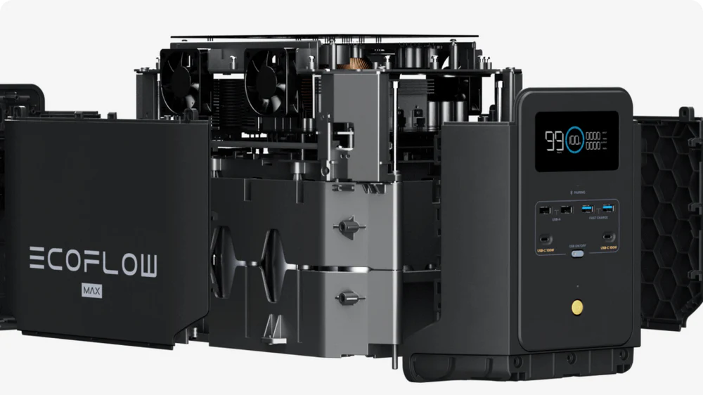 EcoFlow DELTA 2 Max Power Station showcasing its design and digital display, indicating 99% charge.