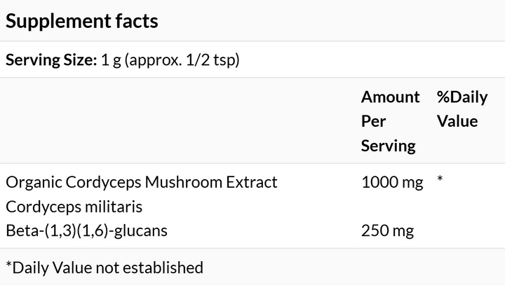 Supplement facts for Real Mushrooms Cordyceps Organic Mushroom Extract showing serving size and key ingredients.