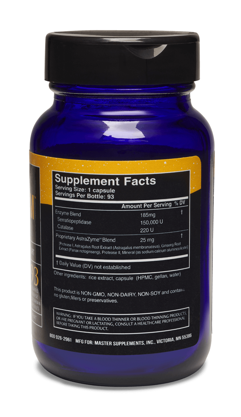 Master Supplements US Enzymes Serraxym 93 Caps supplement bottle showing ingredient details and serving facts.