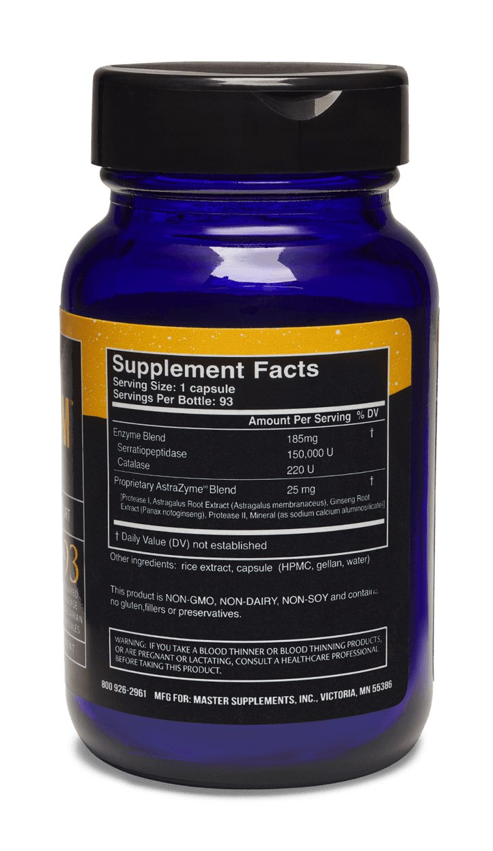 Master Supplements US Enzymes Serraxym 93 Caps supplement bottle showing ingredient details and serving facts.