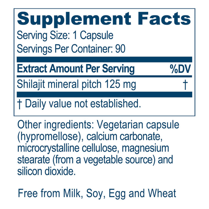 Supplement facts for Ayush Herbs Shilajeet Mumiyo displaying serving details and ingredients.