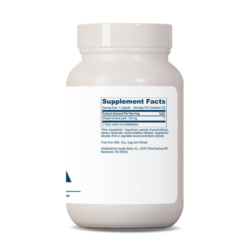 Ayush Herbs Shilajeet Mumiyo supplement facts label showing ingredients and serving details on a white bottle.