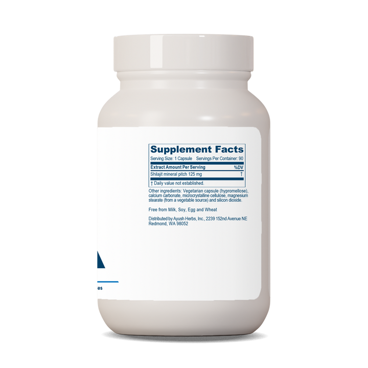 Ayush Herbs Shilajeet Mumiyo supplement facts label showing ingredients and serving details on a white bottle.