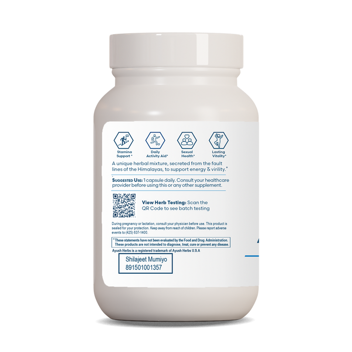 Ayush Herbs Shilajeet Mumiyo product label showing ingredients and usage instructions for endurance and immune support.