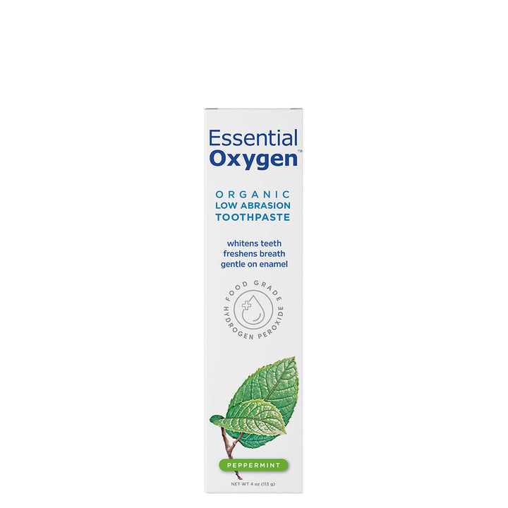 Essential Oxygen Organic Low Abrasion Toothpaste 4 oz box with peppermint flavor and whitening properties.