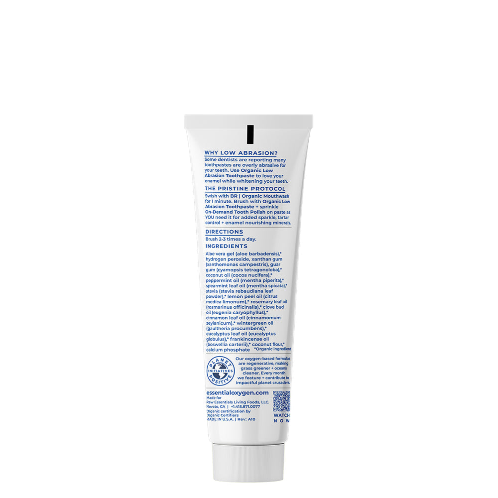 Essential Oxygen Organic Low Abrasion Toothpaste 4 oz tube with directions and ingredients.