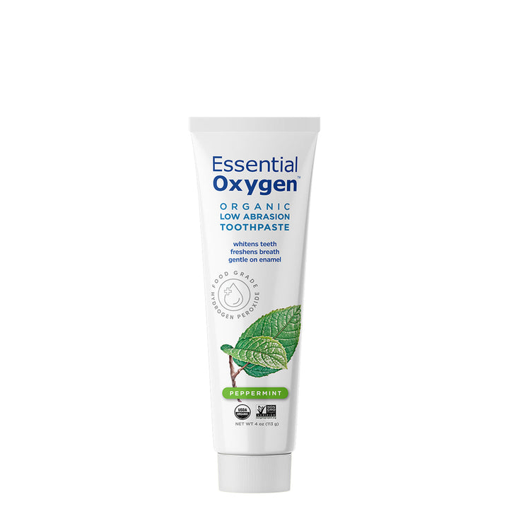 Essential Oxygen Organic Low Abrasion Toothpaste 4 oz tube for fresh breath and gentle enamel care.
