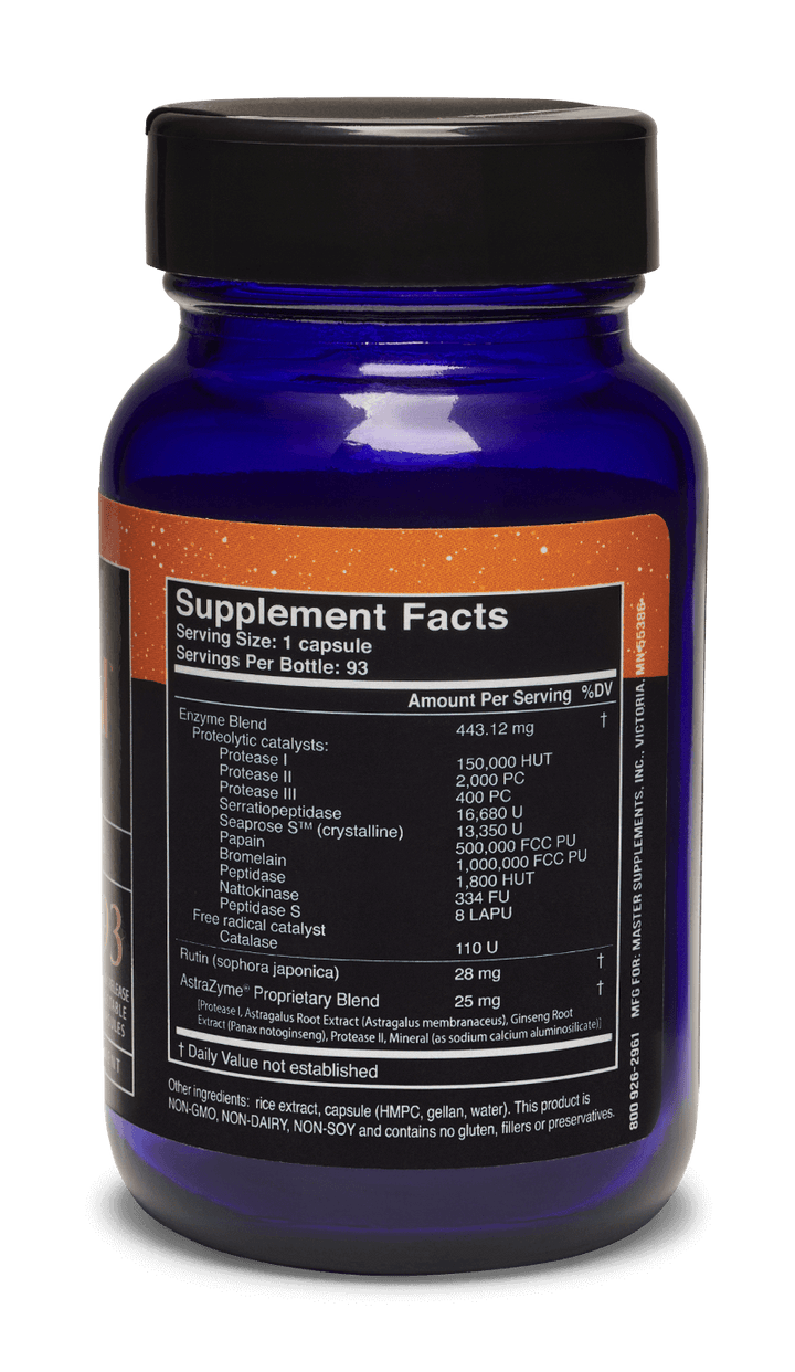Master Supplements US Enzymes Theraxym 93 Capsules bottle showing supplement facts and serving details.