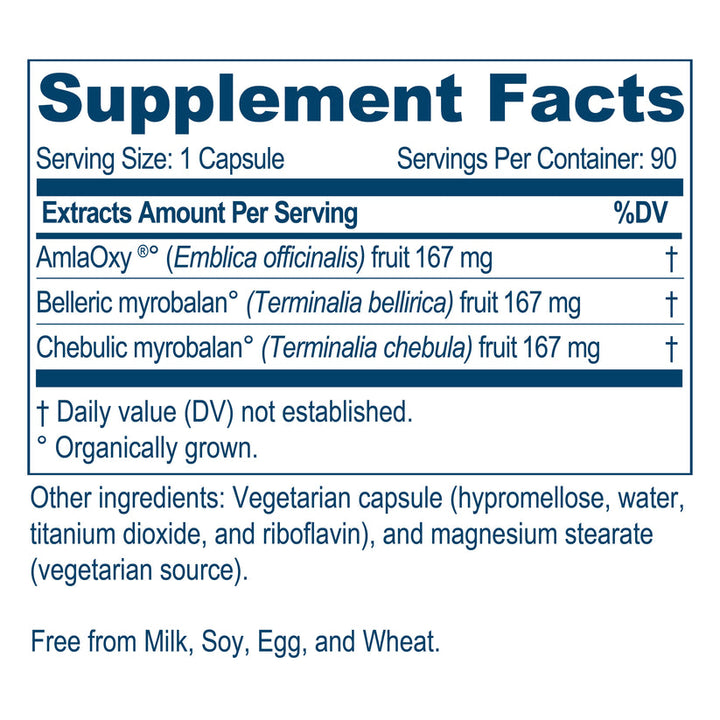 Supplement Facts for Ayush Herbs Trifal, 90 Veg Caps, detailing Amla, Belleric mine, and Chebulic extracts.