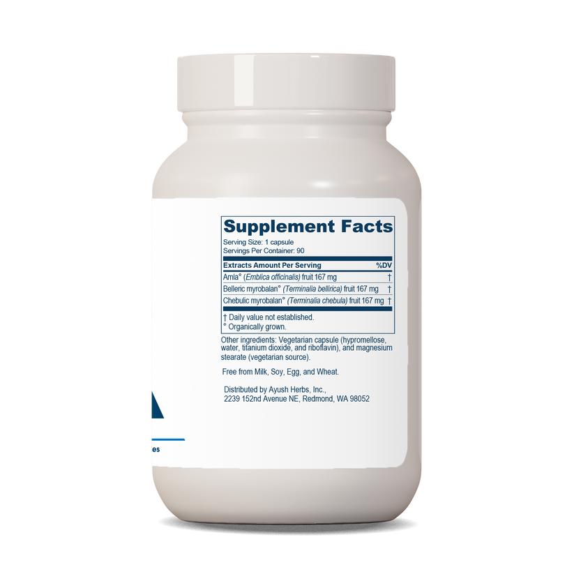 Ayush Herbs Trifal Supplement Facts panel showing ingredients and serving size for digestive support and antioxidant benefits.