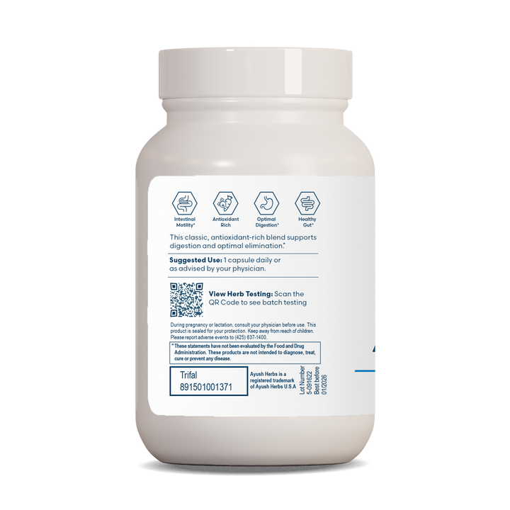 Ayush Herbs Trifal Digestive and Antioxidant Support 90 Veg Caps bottle label with usage and testing information.