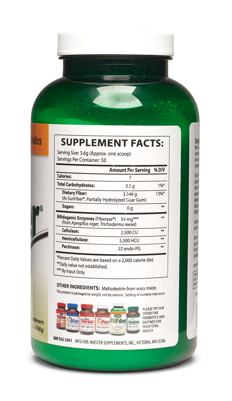 Master Supplements BioActive TruFiber Powder supplement facts label for gut health support with detailed nutrition information.
