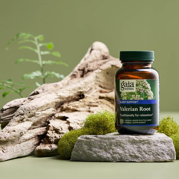 Gaia Herbs Pro Valerian Restful Sleep Support bottle on natural stone with greenery background.
