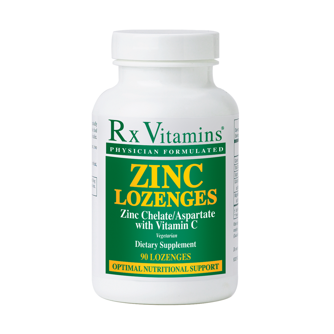 Rx Vitamins Zinc Lozenges 46 MG Zinc Aspartate Vitamin C 90 Lozenges dietary supplement bottle.