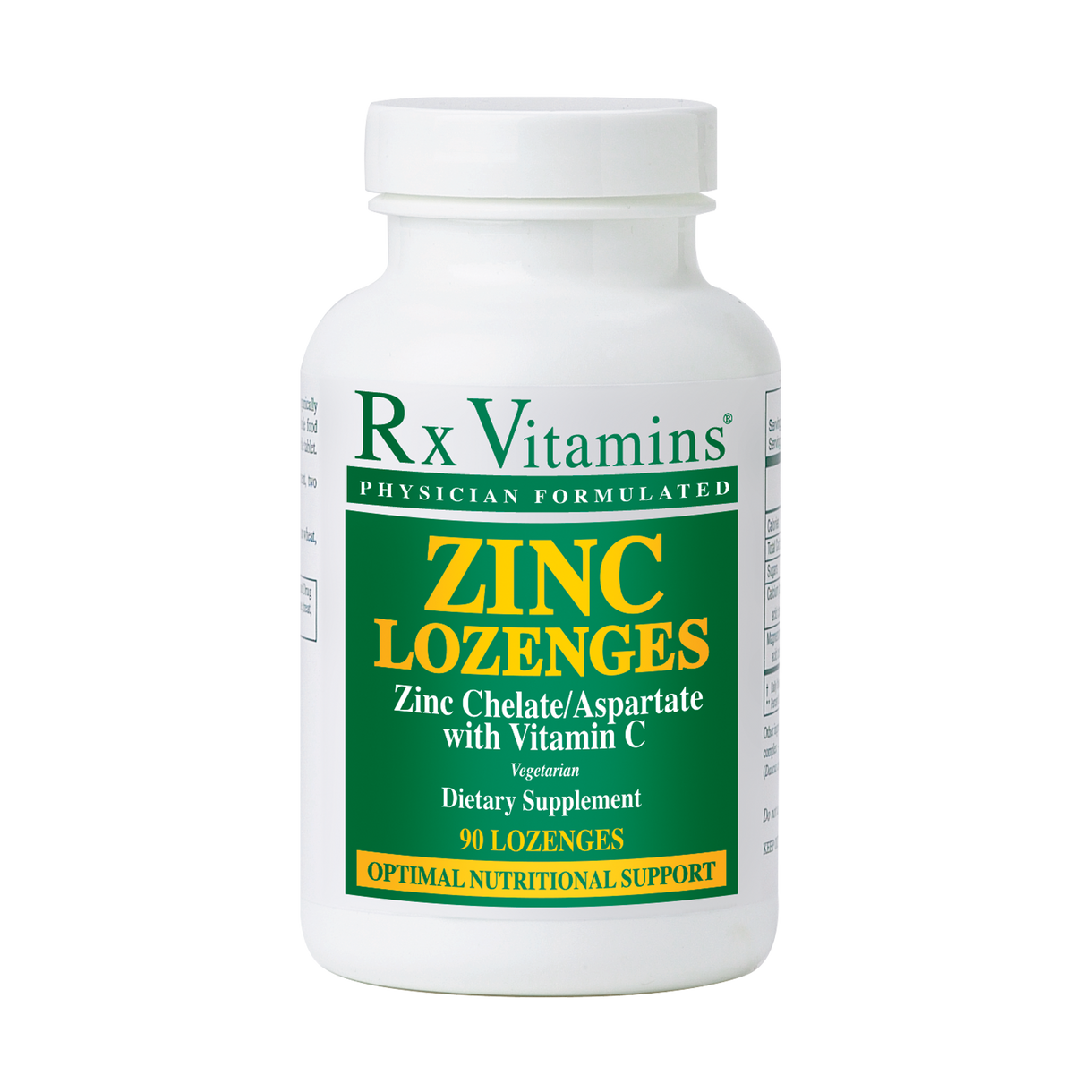 Rx Vitamins Zinc Lozenges 46 MG Zinc Aspartate Vitamin C 90 Lozenges dietary supplement bottle.