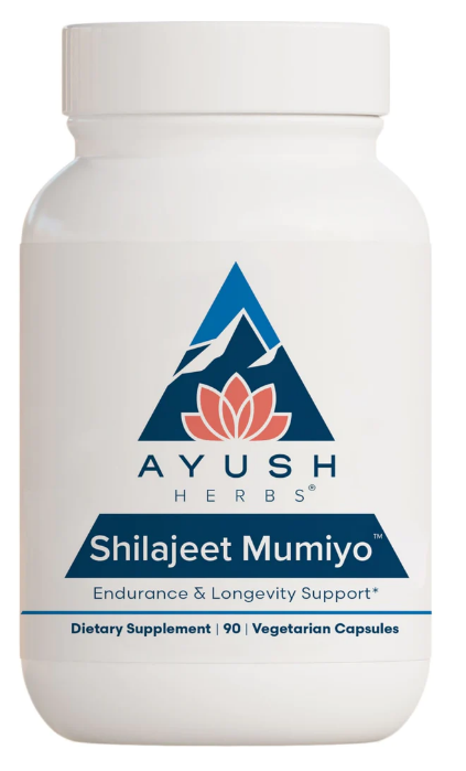 Ayush Herbs Shilajeet Mumiyo product image, dietary supplement for endurance and longevity in vegetarian capsules, 90 count.