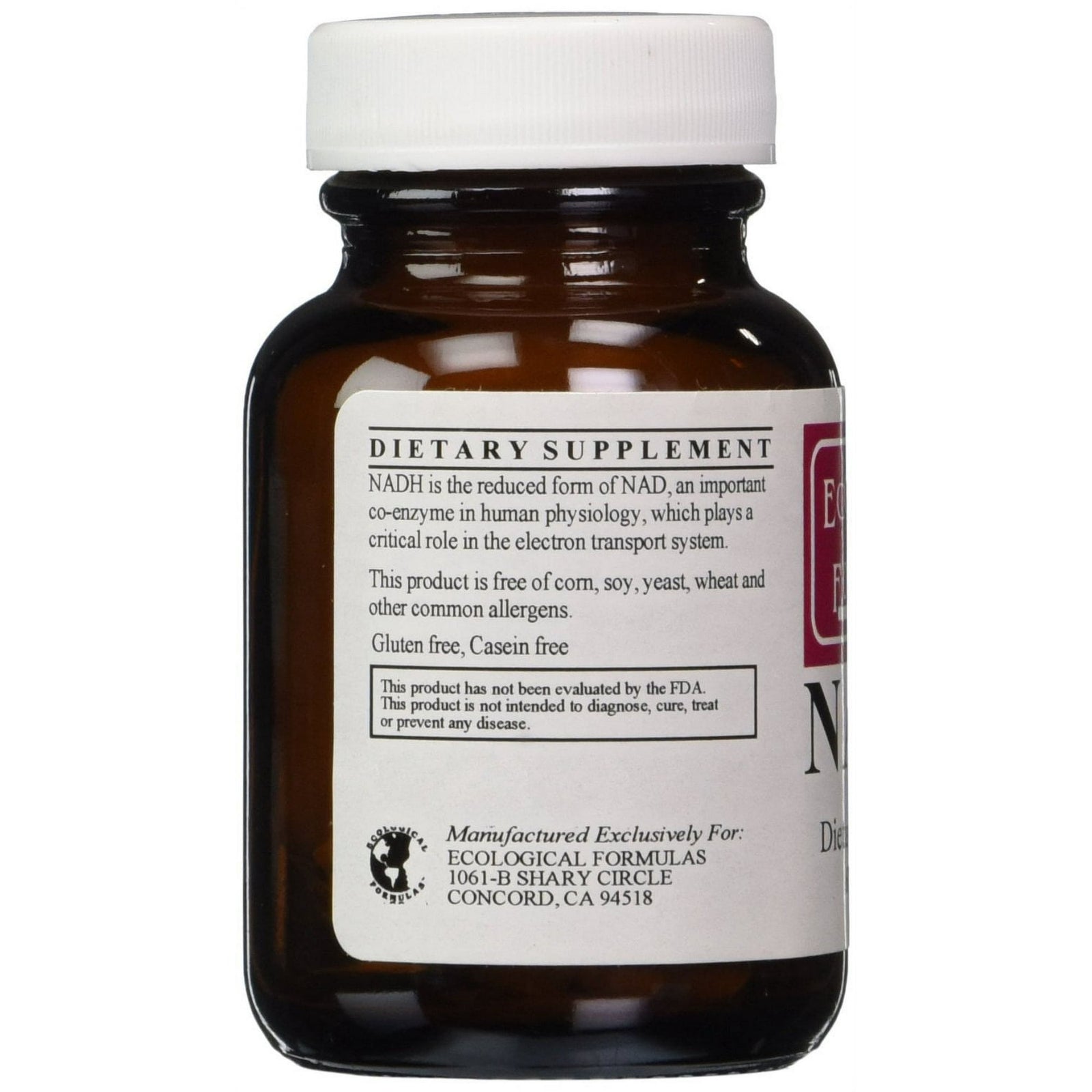 Ecological Formulas NADH 5mg 60 Caps bottle showcasing dietary supplement label and information.