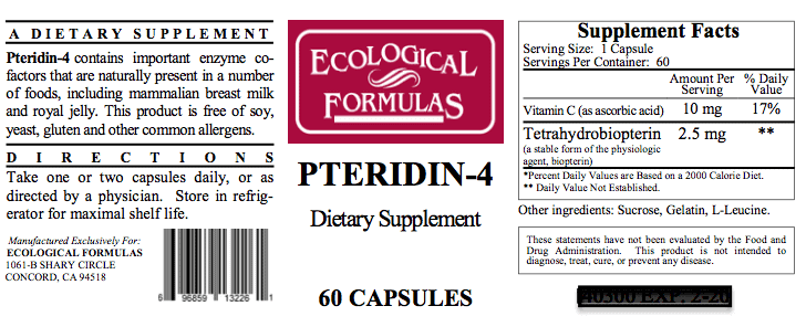 Ecological Formulas Bh4 Pteridin-4 dietary supplement label with 60 capsules, containing Vitamin C and Tetrahydrobiopterin.