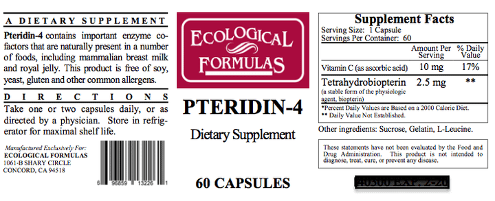 Ecological Formulas Bh4 Pteridin-4 dietary supplement label with 60 capsules, containing Vitamin C and Tetrahydrobiopterin.
