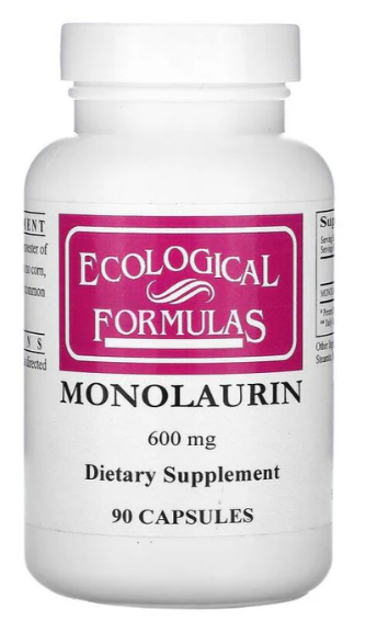 Ecological Formulas Monolaurin 600mg dietary supplement in a bottle containing 90 capsules.