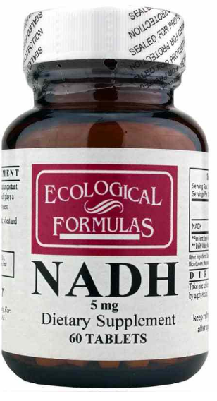 Ecological Formulas NADH 5mg dietary supplement bottle, 60 tablets for energy and mental focus support.