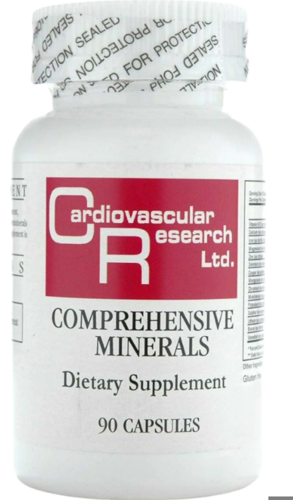 Cardiovascular Research Comprehensive Minerals Supplement 90 Capsules bottle with dietary supplement label.
