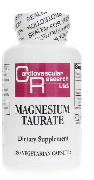 Cardiovascular Research Magnesium Taurate 180 VegCaps dietary supplement bottle for superior absorption.