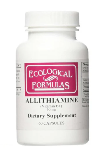 Ecological Formulas Allithiamine Vitamin B1 50mg dietary supplement bottle with 60 capsules.