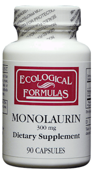 Ecological Formulas Monolaurin 300 mg dietary supplement bottle with 90 capsules for antimicrobial support.