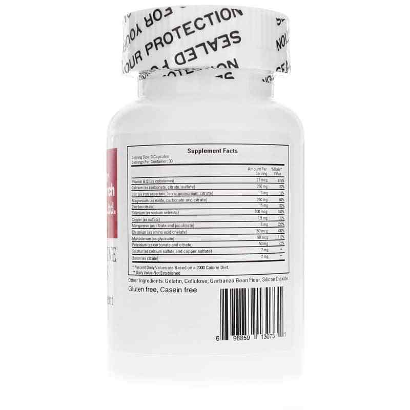 Back view of Cardiovascular Research Comprehensive Minerals Supplement bottle with supplement facts and ingredients.