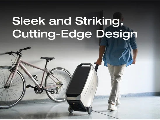 Person walking with EcoFlow DELTA Pro 3 Power Station beside bicycle, showcasing sleek design.