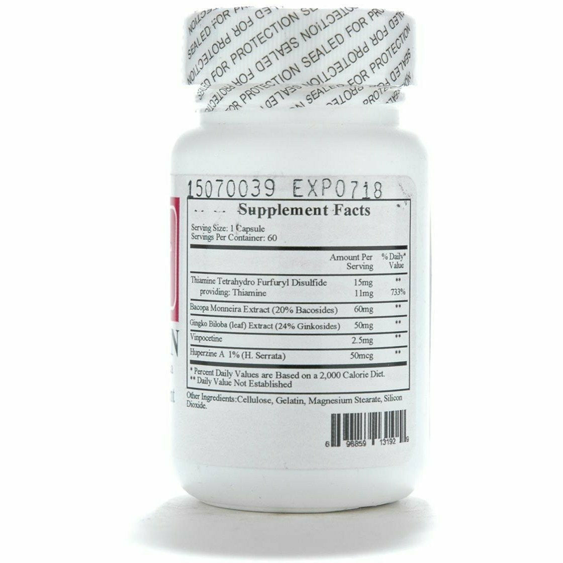 Supplement facts label for Ecological Formulas Synaptin Neuro Anxonal Supports Cognitive 60 Caps, featuring key ingredients.