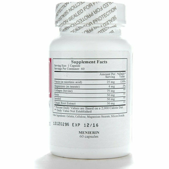 Cardiovascular Research Menierin Oto-equilibrium 60 Capsules bottle with supplement facts and ingredient list.