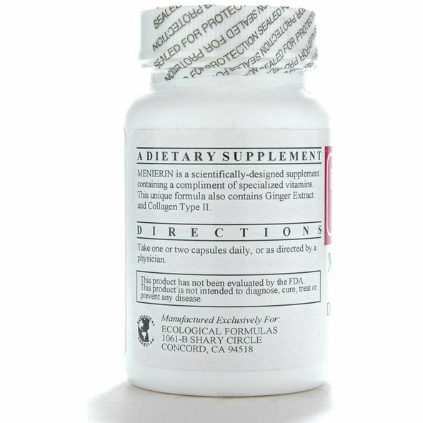 Cardiovascular Research Menierin Oto-equilibrium supplement bottle with dietary directions and ingredient details.