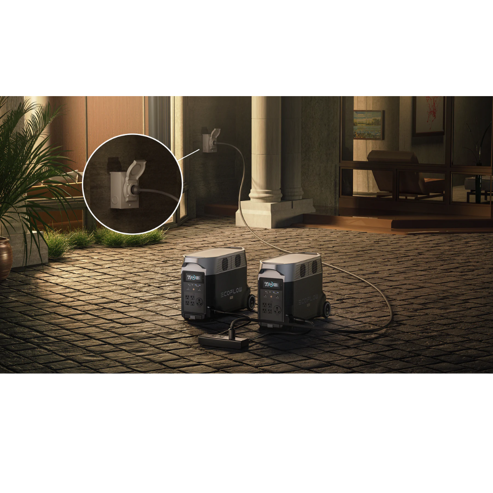 Qty 2 EcoFlow DELTA Pro Power Station + Double Voltage Hub setup with power connection and detailed view.