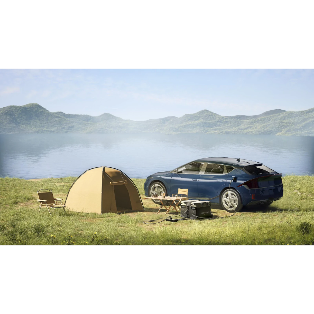 Qty 2 EcoFlow DELTA Pro Power Station + Double Voltage Hub powering a campsite with a tent and car by the lake.
