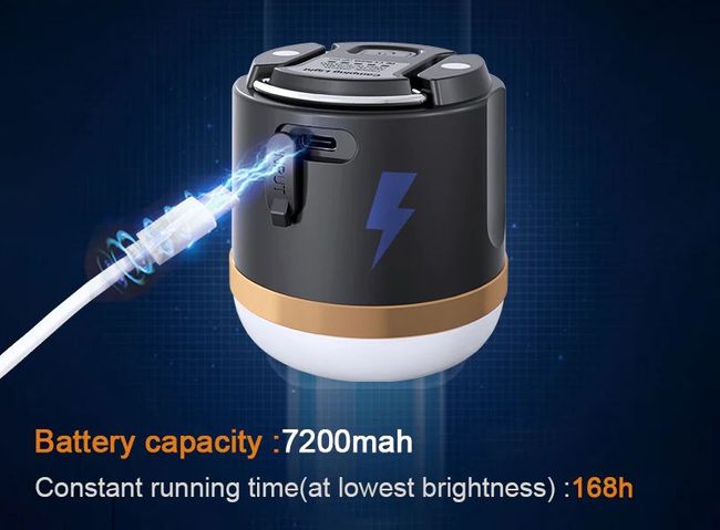 EcoFlow Camping Light Table Lamp Portable Magnetic Hangable Handheld showcasing battery capacity and charging details.