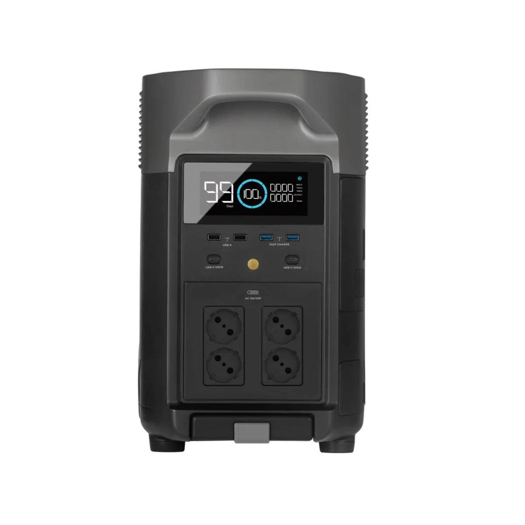 EcoFlow DELTA Pro Portable Power Station With One 400W Portable Solar Panel front view, showcasing ports and display.