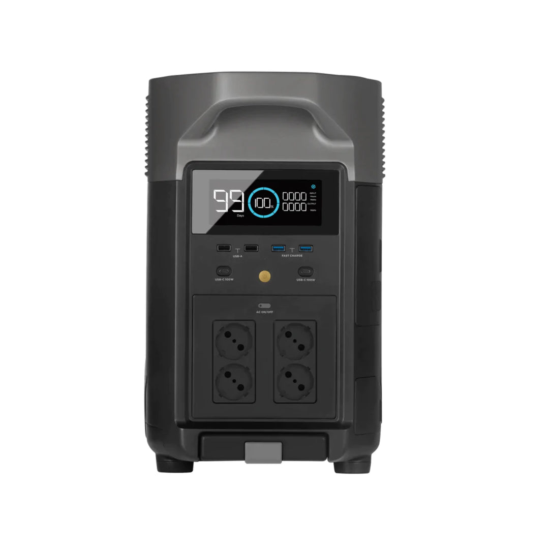 EcoFlow DELTA Pro Portable Power Station With Three 400W Portable Solar Panel front view, featuring multiple outlets and digital display.