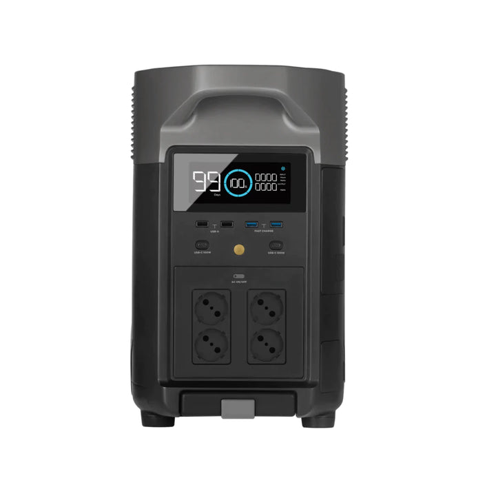 EcoFlow DELTA Pro Portable Power Station With Three 400W Portable Solar Panel front view, featuring multiple outlets and digital display.