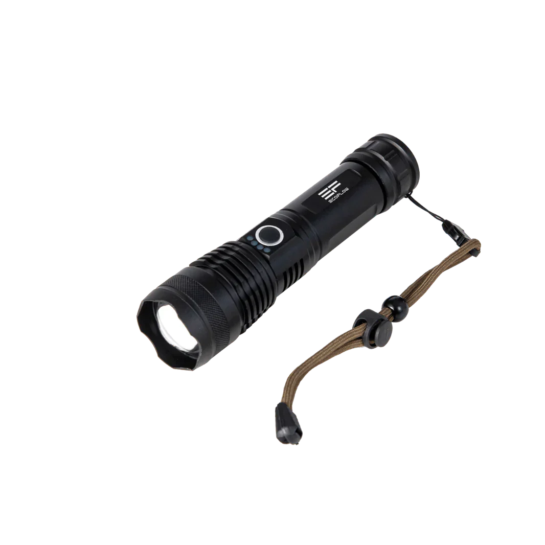 EcoFlow Flashlight High Brightness Portable LED Light for Outdoor Use with adjustable strap.