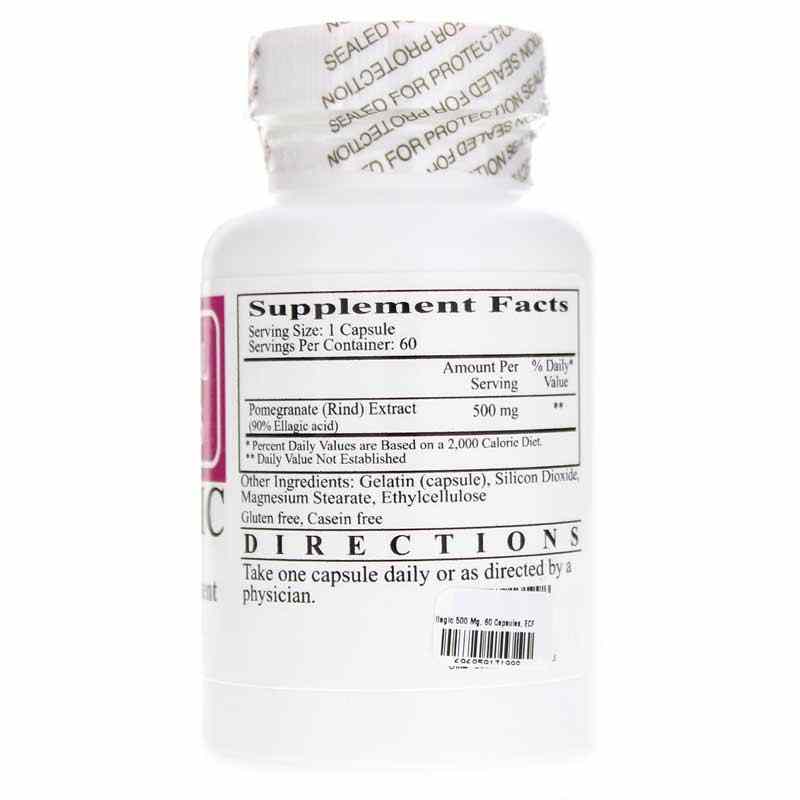Ecological Formulas Ellagic 500 mg Support Natural Antioxidant 60 Caps supplement facts on bottle.